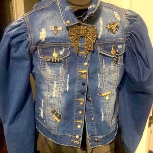SOLD !!Ladies Denim Bling Jacket. Distressed Jacket .THIS HAS A GOOD STRETCH